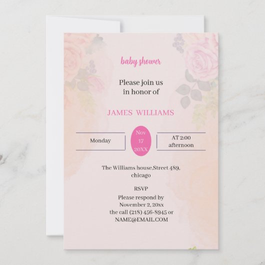 エレガントバラ花カスタマイズ赤ちゃんシャワー 招待状 (正面)