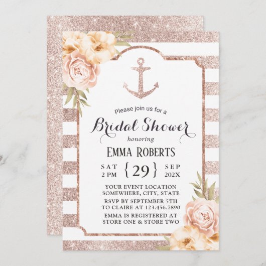 エレガントバラ金ゴールドいかりフローラブライダルシャワー 招待状 (正面/裏面)