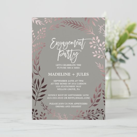 エレガントバラ金ゴールドとグレー婚約パーティ 招待状 (スタンド正面)