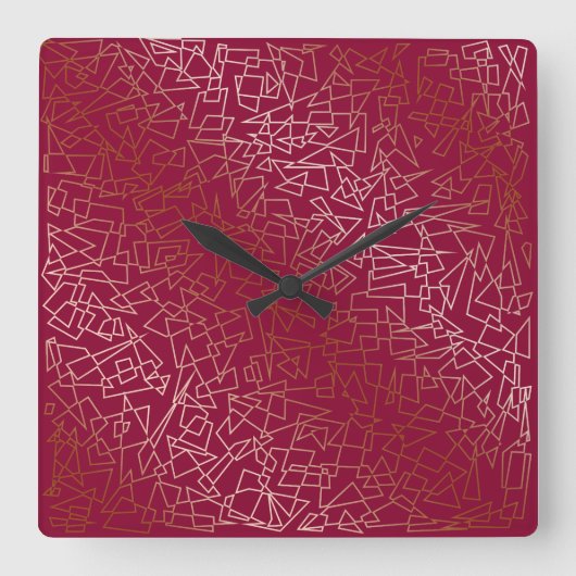 エレガントバラ金ゴールドとブルゴーニュ幾何学模様 スクエア壁時計 (正面)