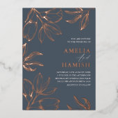 エレガントバラ金ゴールドとブルーフローラ結婚ズ 箔招待状 (正面)