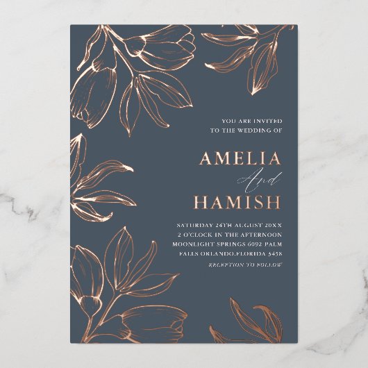 エレガントバラ金ゴールドとブルーフローラ結婚ズ 箔招待状 (正面)