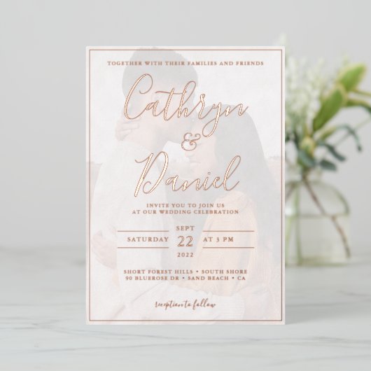 エレガントバラ金ゴールドと写真結婚の 箔招待状 (立ち正面)