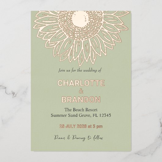 エレガントバラ金ゴールドひまわり結婚の 箔招待状 (正面)