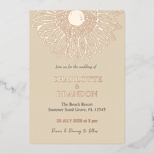 エレガントバラ金ゴールドひまわり結婚の 箔招待状 (正面)