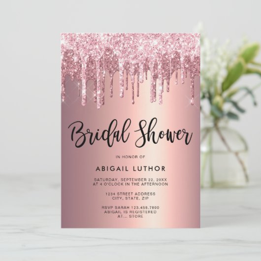 エレガントバラ金ゴールドグリッターがブライダルシャワーを起動 招待状 (スタンド正面)