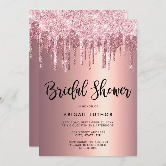 エレガントバラ金ゴールドグリッターがブライダルシャワーを起動 招待状 (正面/裏面)