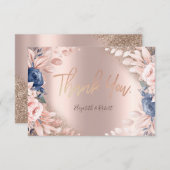 エレガントバラ金ゴールドグリッターグラデーションブルーフラワー サンキューカード (正面/裏面)