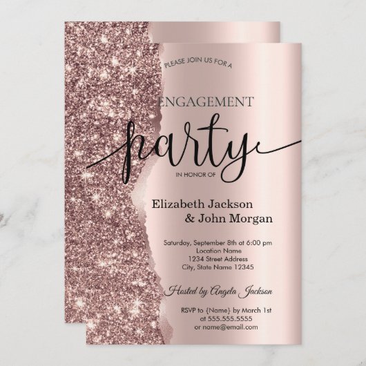 エレガントバラ金ゴールドグリッタースクリプト婚約 招待状 (正面/裏面)