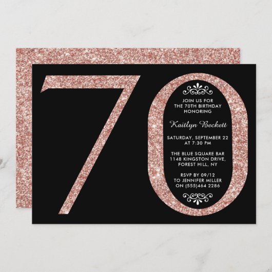 エレガントバラ金ゴールドグリッタータイポグラフィ70誕生日 招待状 (正面/裏面)