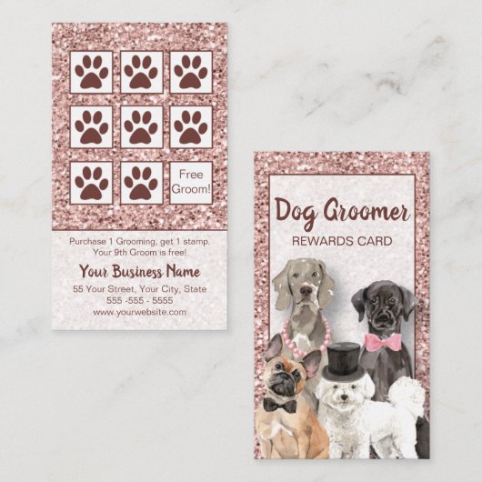 エレガントバラ金ゴールドグリッタードッググルーミングロイヤリティ 名刺 (正面/裏面)