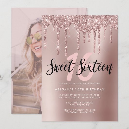 エレガントバラ金ゴールドグリッタードリップsweet sixteen 招待状 (正面/裏面)