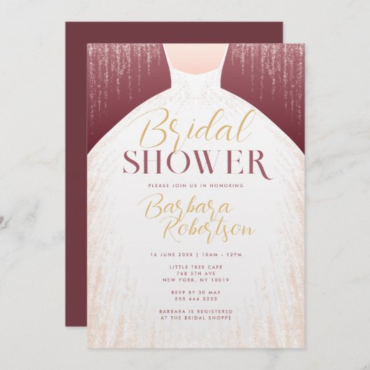 エレガントバラ金ゴールドグリッタードレスブライダルシャワー 招待状 (正面/裏面)