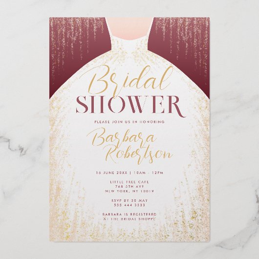 エレガントバラ金ゴールドグリッタードレスブライダルシャワー 箔招待状 (正面)