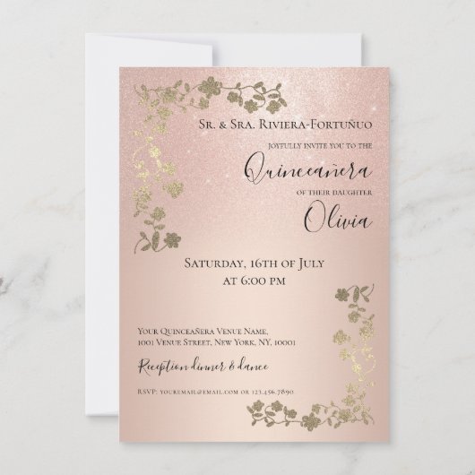 エレガントバラ金ゴールドグリッターフローラフォトキンセアニェラ 招待状 (裏面)