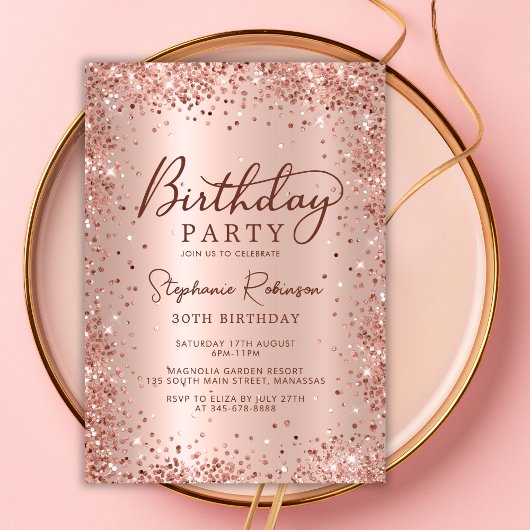 エレガントバラ金ゴールドグリッターメタル30th誕生日 招待状