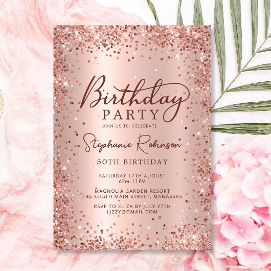 エレガントバラ金ゴールドグリッターメタル50番目の誕生日 招待状