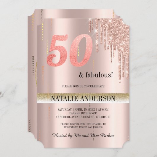 エレガントバラ金ゴールドグリッター50誕生日イン 招待状 (正面/裏面)