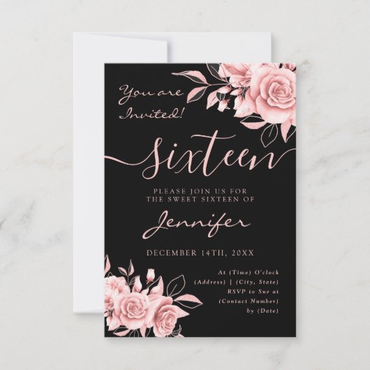 エレガントバラ金ゴールドスイート16グリッターフローラブラック 出欠カード (正面)