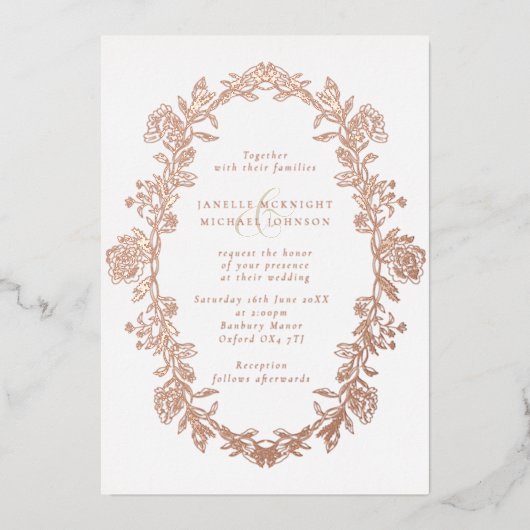 エレガントバラ金ゴールドトイルフローラリース結婚ズ 箔招待状 (正面)