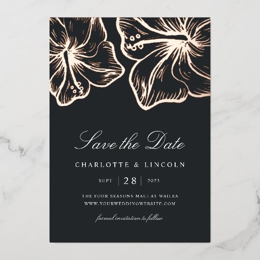 エレガントバラ金ゴールドハイビスカス結婚フラワー救ズザ 箔招待状 (正面)