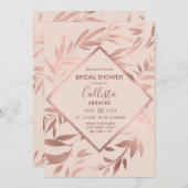 エレガントバラ金ゴールドピンクフローラ葉ブライダルシャワー 招待状 (正面/裏面)