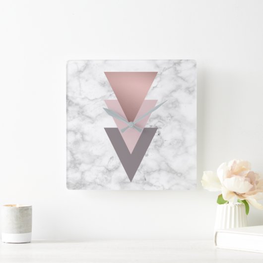 エレガントバラ金ゴールドピンク灰色の三角形の白い大理石 スクエア壁時計 (ホーム)