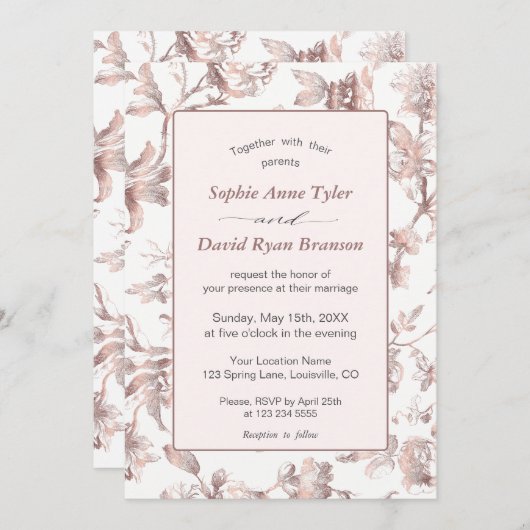 エレガントバラ金ゴールドフランスのトイルフローラ結婚ズ 招待状 (正面/裏面)