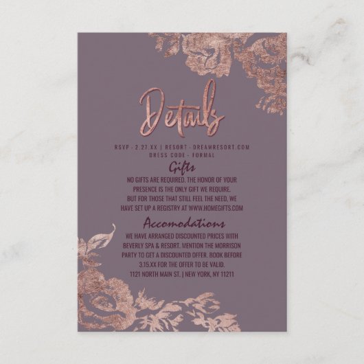 エレガントバラ金ゴールドフローラパープル結婚ズ詳細 エンクロージャーカード (正面)