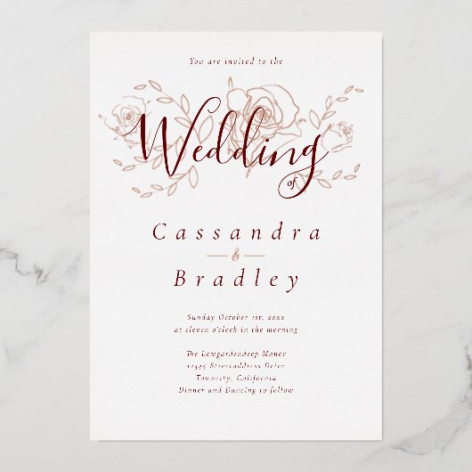 エレガントバラ金ゴールドフローラピンクブルグンディ結婚ズ 箔招待状 (正面)