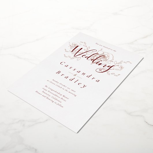 エレガントバラ金ゴールドフローラピンクブルグンディ結婚ズ 箔招待状 (回転した状態)