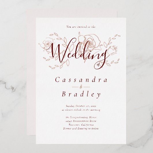 エレガントバラ金ゴールドフローラピンクブルグンディ結婚ズ 箔招待状 (正面/裏面)