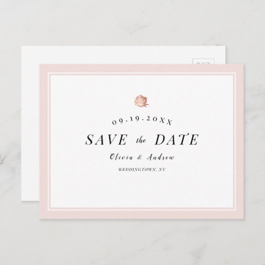 エレガントバラ金ゴールドフローラミニマル保存日付 案内ポストカード (正面/裏面)