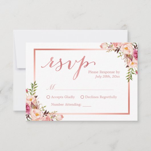 エレガントバラ金ゴールドフローラ結婚式RSVP返信 出欠カード (正面)