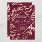 エレガントバラ金ゴールドブルゴーニュ離れフローラ結婚ズ 招待状 (正面/裏面)