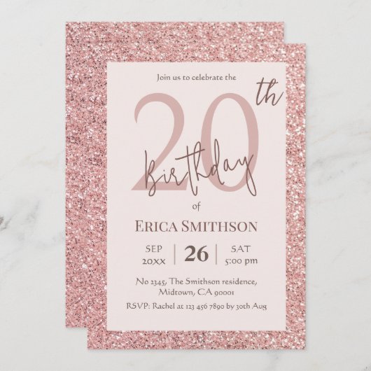 エレガントバラ金ゴールドモダングリッター20誕生日 招待状 (正面/裏面)