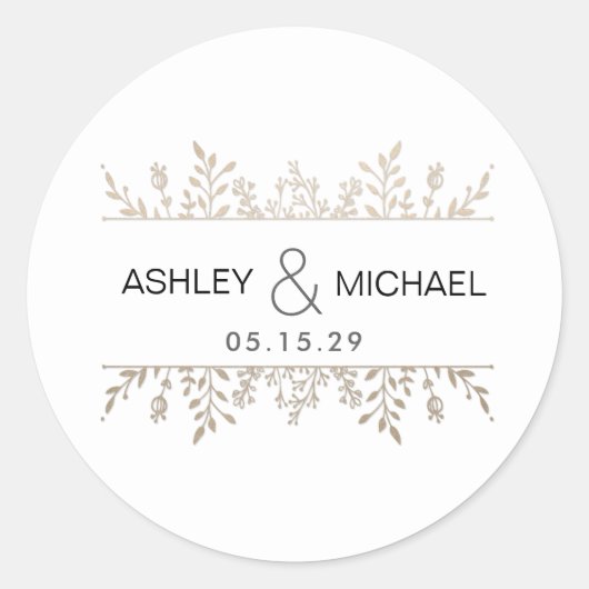 エレガントバラ金ゴールドリーフィフレーム結婚ステッカー ラウンドシール (正面)