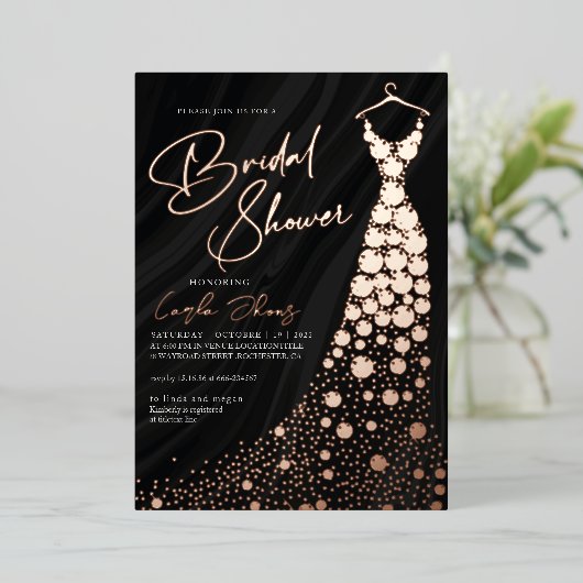 エレガントバラ金ゴールド及び黒モダンブライダルシャワー 箔招待状 (立ち正面)