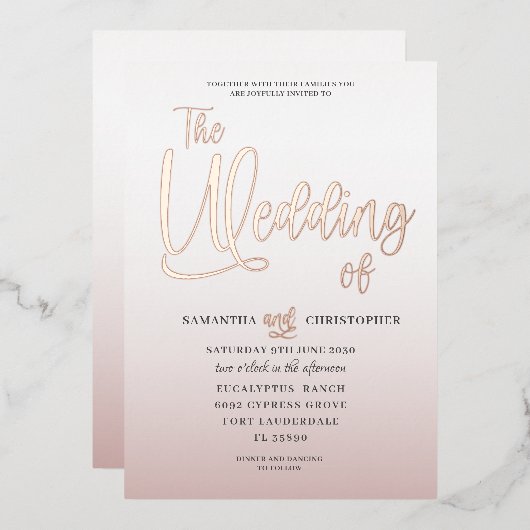 エレガントバラ金ゴールド書結婚のThe's Of 箔招待状 (正面/裏面)