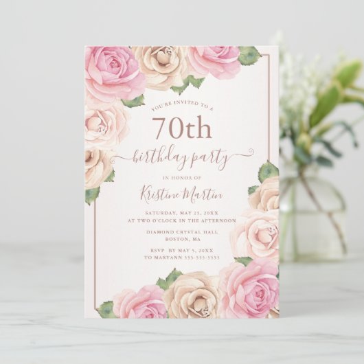 エレガントバラ金ゴールド水彩フローラ70誕生日 招待状 (スタンド正面)