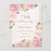 エレガントバラ金ゴールド水彩フローラ75th誕生日 インビテーションポストカード (正面)
