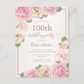 エレガントバラ金ゴールド水色フローラ100誕生日 インビテーションポストカード (正面)