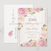 エレガントバラ金ゴールド水色フローラ40th誕生日 インビテーションポストカード (正面/裏面)
