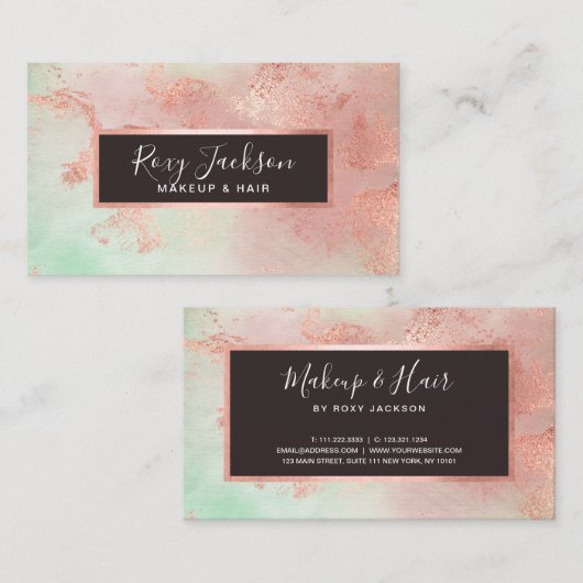 エレガントバラ金ゴールド水色化粧とヘア 名刺 (正面/裏面)