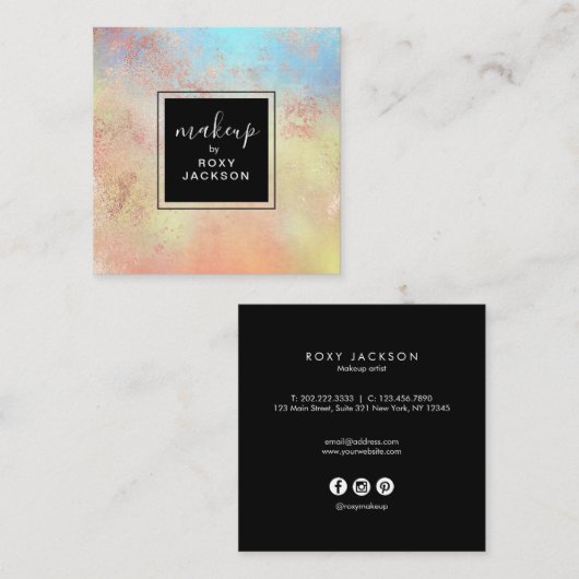 エレガントバラ金ゴールド水色化粧家 スクエア名刺 (正面/裏面)