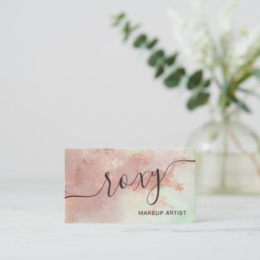 エレガントバラ金ゴールド水色化粧家 名刺 (スタンド正面)