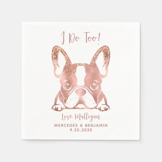 エレガントバラ金ゴールド私もブルドッグフランスのの結婚ため スタンダードカクテルナプキン (正面)