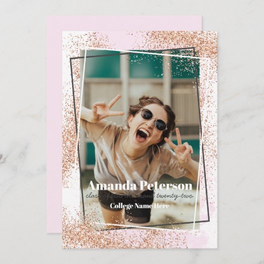 エレガントバラ金ゴールド紙吹雪の卒業発表 招待状 (正面/裏面)