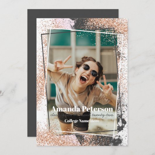 エレガントバラ金ゴールド紙吹雪の卒業発表 招待状 (正面/裏面)