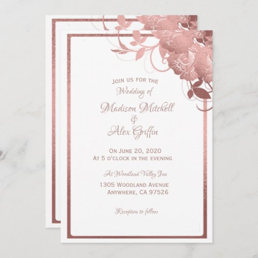 エレガントバラ金ゴールド結婚式招待状 招待状 (正面/裏面)